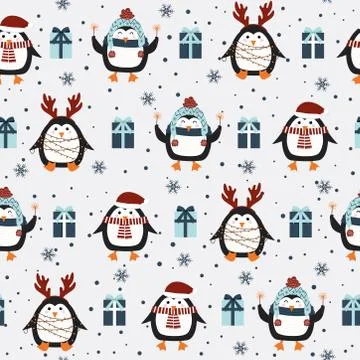 Christmas seamless pattern with penguin background, Winter pattern, wrapping  Stock Illustration