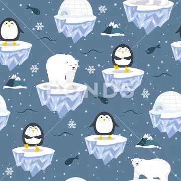 Christmas seamless pattern with penguin on ice floe background, Winter patter Stock Illustration