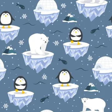 Christmas seamless pattern with penguin on ice floe background, Winter patter Stock Illustration