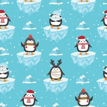 Christmas seamless pattern with penguin on ice floe background, Winter patter Stock Illustration