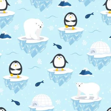 Christmas seamless pattern with penguin on ice floe background, Winter patter Illustrazione stock