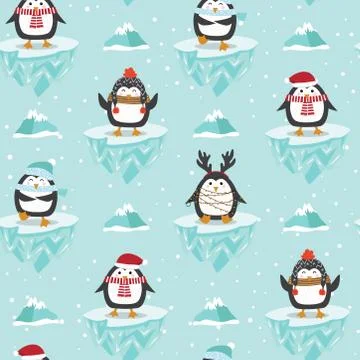 Christmas seamless pattern with penguin on ice floe background, Winter patter Illustrazione stock