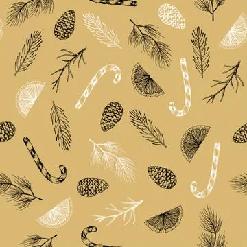 Christmas Seamless pattern with Pine Branches, winter plants hand drawn art Stockillustratie