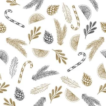 Christmas Seamless pattern with Pine Branches, winter plants hand drawn art Stock Illustration