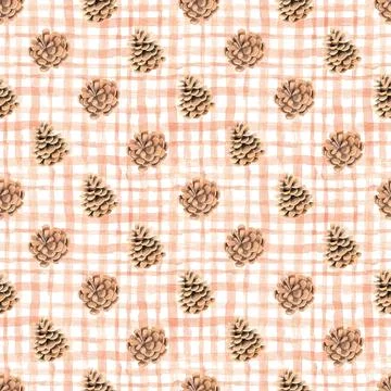 Christmas seamless pattern with pine cones on beige checkered background. Wat Stock Illustration
