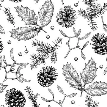 Christmas seamless pattern with pine cones, holly, mistletoe and juniper. M.. Stock Illustration