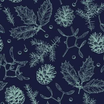 Christmas seamless pattern with pine cones, holly, mistletoe and juniper. M.. Stockillustratie