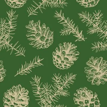 Christmas seamless pattern with pine cones and juniper. Monochrome vector i.. Stock Illustration