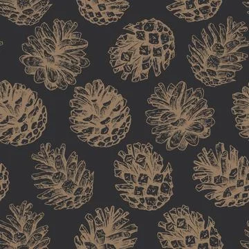 Christmas seamless pattern with pine cones and juniper. Monochrome vector i.. Stock Illustration