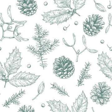 Christmas seamless pattern with pine cones, holly, mistletoe and juniper. M.. Stock Illustration