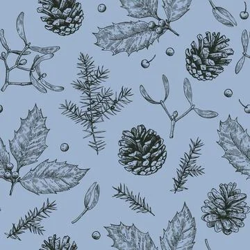 Christmas seamless pattern with pine cones, holly, mistletoe and juniper. M.. Stock Illustration