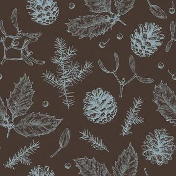 Christmas seamless pattern with pine cones, holly, mistletoe and juniper. M.. Stock Photos