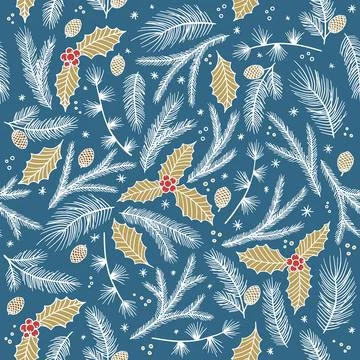 Christmas seamless pattern. Pine twigs, red berries, snowflakes. Season greeting Stock Illustration