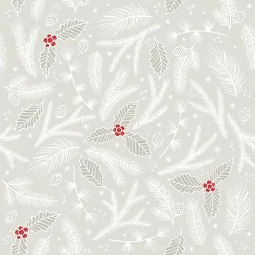 Christmas seamless pattern. Pine twigs, red berries, snowflakes. Season greeting Illustrazione stock