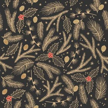 Christmas seamless pattern. Pine twigs, red berries, snowflakes. Season greeting Stock Illustration
