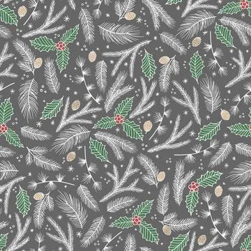Christmas seamless pattern. Pine twigs, red berries, snowflakes. Season greeting Stock Illustration
