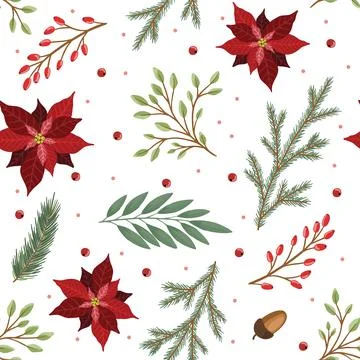 Christmas seamless pattern. Pine twigs, red berries, christmas tree. Winter Xmas Stock Illustration