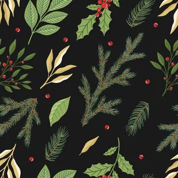 Christmas seamless pattern. Pine twigs, red berries, christmas tree. Winter Xmas Stock Illustration