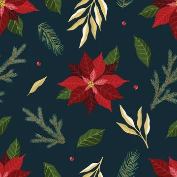 Christmas seamless pattern. Pine twigs, red berries, christmas tree. Winter Xmas Illustrazione stock