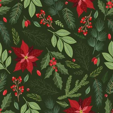 Christmas seamless pattern. Pine twigs, red berries, snowflakes. Season greeting Stock Illustration