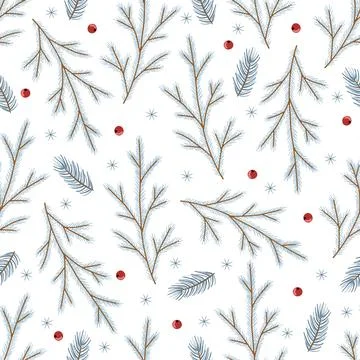 Christmas seamless pattern. Pine twigs, red berries, snowflakes. Season greeting Stock Illustration