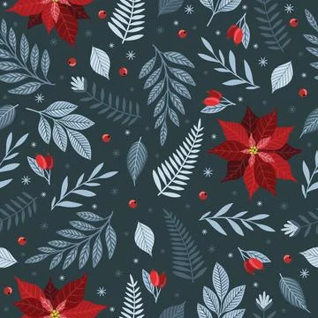 Christmas seamless pattern. Pine twigs, red berries, snowflakes. Season greeting 스톡 일러스트