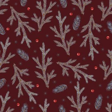 Christmas seamless pattern. Pine twigs, red berries, snowflakes. Season greeting Stock Illustration