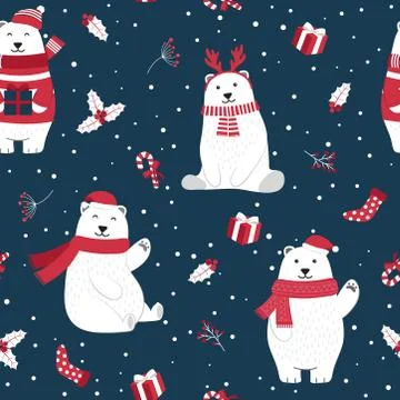 Christmas seamless pattern with polar bear background, Winter pattern with ho Stock Illustration