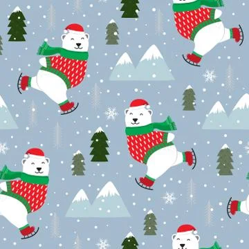 Christmas seamless pattern with polar bear ice skate background, Winter patte Stock Illustration