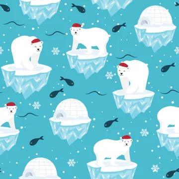 Christmas seamless pattern with polar bear on ice floe background, Winter pat Stock Illustration