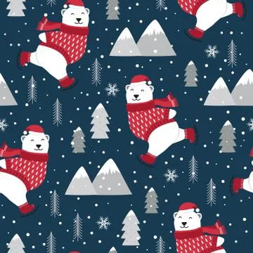 Christmas seamless pattern with polar bear ice skates background, Winter patt Illustrazione stock