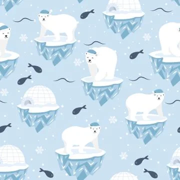 Christmas seamless pattern with polar bear on ice floe background, Winter pat Stock Illustration