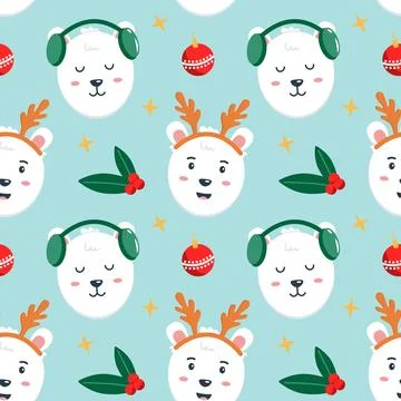 Christmas seamless pattern with polar bear face, winter pattern Stock Illustration