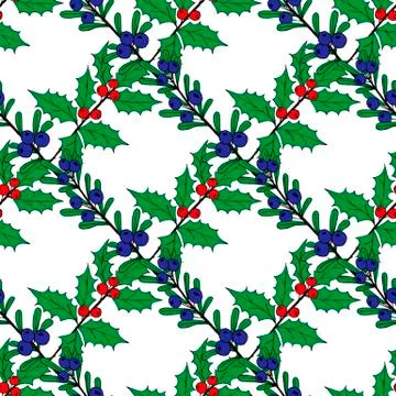 Christmas seamless pattern of red and blue holly berries. Christmas holiday Stock Illustration