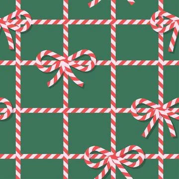 Christmas seamless pattern with red and white striped ribbon and bows. Sweet Illustrazione stock