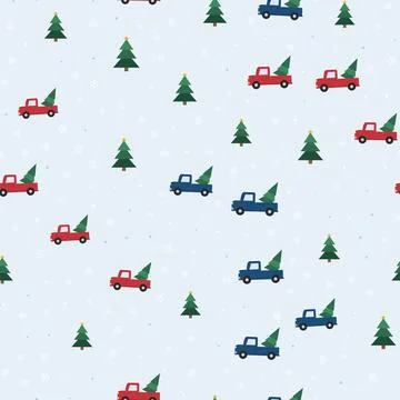 Christmas seamless pattern with red and blue pickup trucks carrying fir trees, Stock Illustration