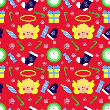 Christmas seamless pattern, on red background. Winter holidays concept. Stock Illustration