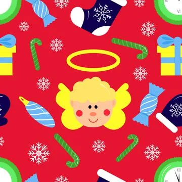 Christmas seamless pattern, on red background. Winter holidays concept. Illustrazione stock