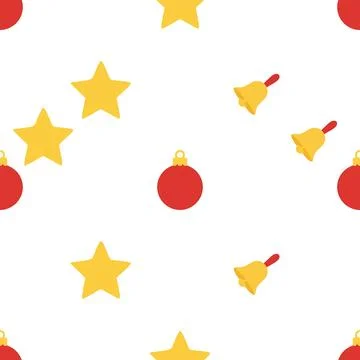 Christmas seamless pattern with red baubles stars and yellow bells on white.. Illustrazione stock