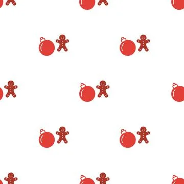 Christmas seamless pattern with red baubles and gingerbread men. Stock-Illustration