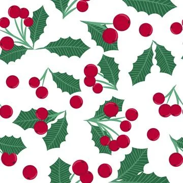 Christmas seamless pattern with red berries and leaves vector illustration. Stock Illustration