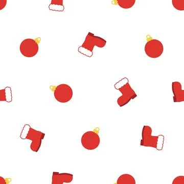 Christmas seamless pattern with red boots and baubles on white background. 스톡 일러스트