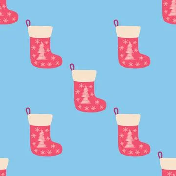 Christmas seamless pattern with red christmas socks with hand drawn christmas Stock Illustration