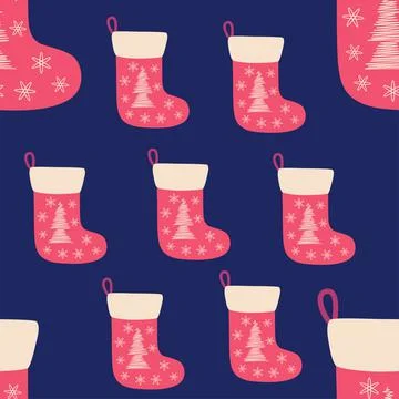 Christmas seamless pattern with red christmas socks with hand drawn christmas 스톡 일러스트