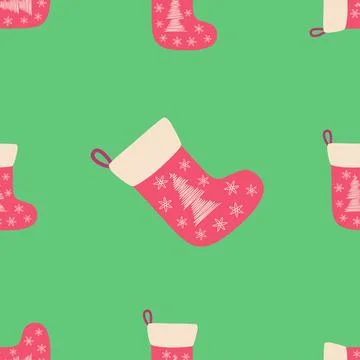 Christmas seamless pattern with red christmas socks with hand drawn christmas Stock Illustration