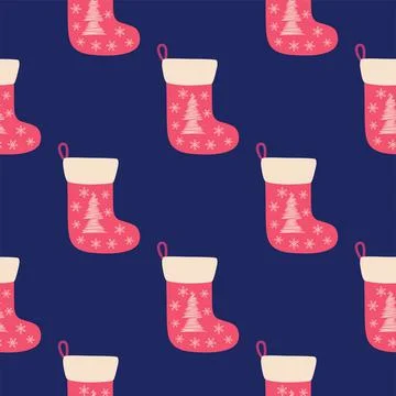 Christmas seamless pattern with red christmas socks with hand drawn christmas Stock Illustration