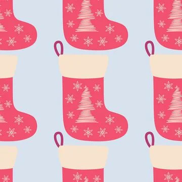 Christmas seamless pattern with red christmas socks with hand drawn christmas 스톡 일러스트
