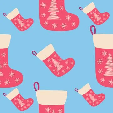 Christmas seamless pattern with red christmas socks with hand drawn christmas Stock Illustration