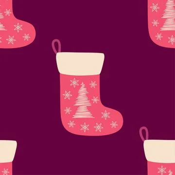 Christmas seamless pattern with red christmas socks with hand drawn christmas Stock Illustration