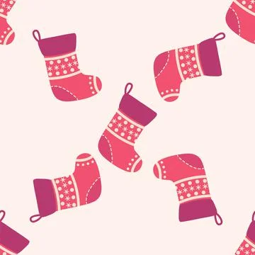 Christmas seamless pattern with red Christmas socks with snowflakes Stock Illustration